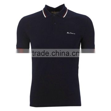 100% Cotton Custom Men Plain Black Polo Shirt with Red White Stripes at Collar and Cuffs