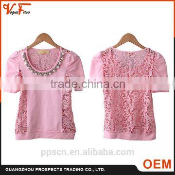 2016 OEM China cheap new pearl short sleeve knit lace pink blue women t shirt wholesale                        
                                                Quality Choice