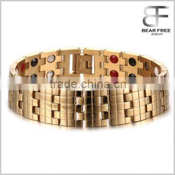 Wide Mens Four Element Double Row Titanium Stainless Steel Gold Magnetic Bracelet 16mm