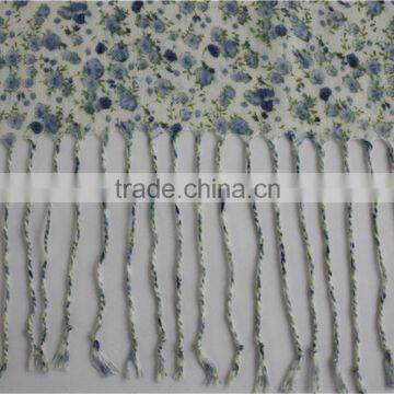 Blue Floral Printed Wool Scarf With Tassel photo-5