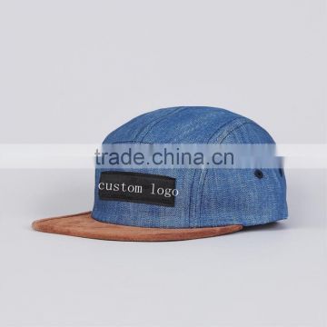 Custom Camp Woven Label Denim 5 Panel Caps Suede Brim 5 Panel Cap And Hats