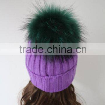 19cm Raccoon Fur Pompom/Ball Could Remove With Knit Rib Wool Hat