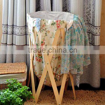High quality round home foldable laundry storage basket with wood