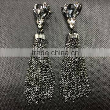 Fashion Crystal Flower Earrings Gun Black Long Tassel Stud Earrings photo-2