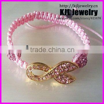 KJL-A0221 wholesale pink ribbon breast cancer bracelet,crystal shambala bead macrame bracelet