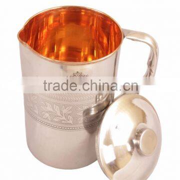 IndianArtVilla Designer Steel Copper Jug Pitcher 2000 ML - Storage Drinking Water Home Hotel Restaurant Good Health Benefit Yoga