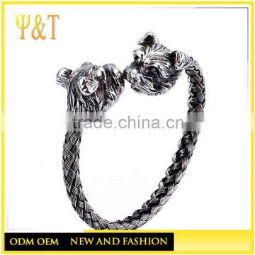 Puppy Dog Head Braid Rope Men Chain Silver 316L Stainless Steel Bracelet Bangle braided cable bracelets