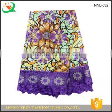 High quality guipure lace purple super wax lace fabric with chrysanthemum pattern