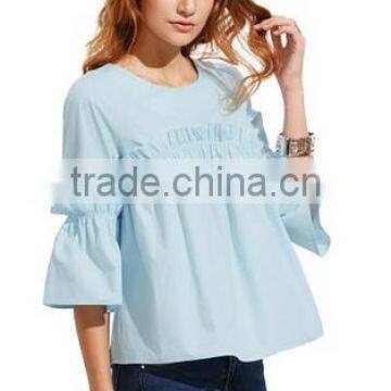 Women's Bell Sleeve Ruffle Trim Round Neck Pleated Blouse