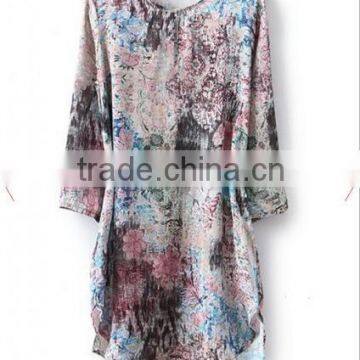 Multicolor Flowers Round Neck Above Knee Blend Dress photo-2