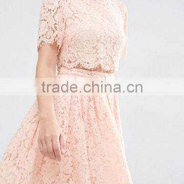 Pink Lace Crop Top and Puff Skirt Wedding Dress Girl's Short Sleeve Prom Two Piece Set photo-5