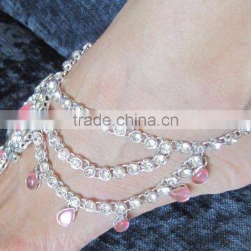 Silver Tone Pink Crystal Pearl Anklets Toe Ring Barefoot Sandal PAYAL photo-3