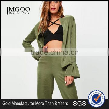 MGOO High Quality Custom Khaki Satin Jackets Crepe Satin Flare Sleeves Custom Cardigan Casual Wear