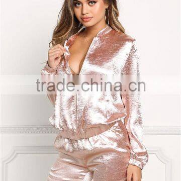 MGOO 2017 High Quality Custom 100% Satin Shiny Bomber Jackets For Women Tracksuits Women Crepe Tops Coat photo-5