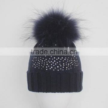 Myfur Navy Knitting Beanie Hat With Stones Real Raccoon Fur Ball Top For Teenager Boys