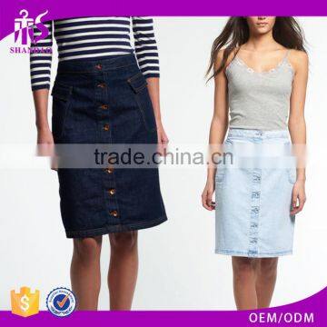 2016 Guangzhou Shandao Supplier Latest Model Casual Summer Knee Length High Waist Dark Blue Women Denim Skirts