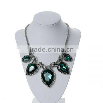 New Fashion Lantern Chain Antique Silver Drop Pendant Malachite Green Rhinestone Handmade Statement Necklace photo-3