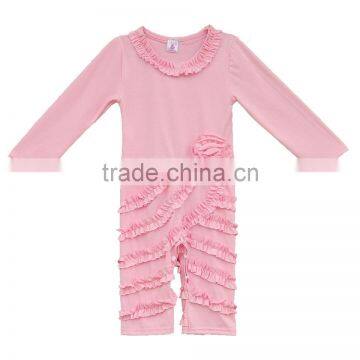 hot sale pure pink ruffle baby winter flower romper boutique outfits long sleeve fall soft baby cotton romper wholesale