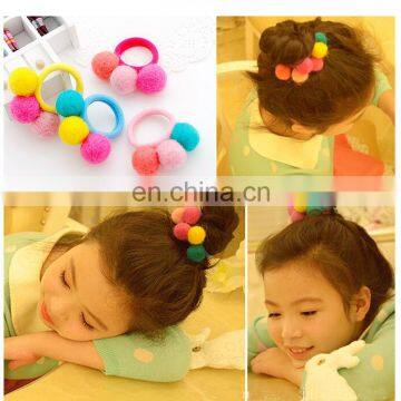 Popular cute seamless fabric hair ties with three pompon ball for girls