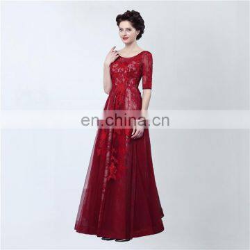 Real Sample Fashion A Line Lace-up Scoop Floor-length Lace Appliqued Formal 1/2 Long Sleeve Backless Party Evening Dresses photo-2