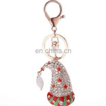 2017 High Quality Promotional Christmas hat shape Keychain Full Crystal Custom Metal Key Ring