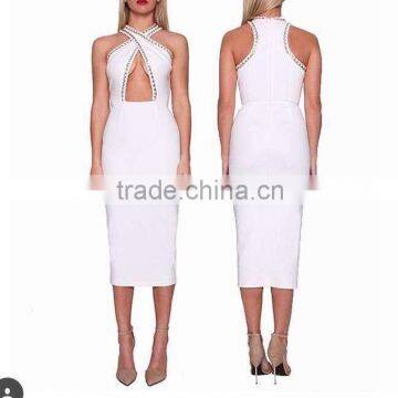 2016 New Black White Khaki Sey Deep V-neck Beading Bodycon Elegant Celebrity Party Pencil Women Knee-length Bandage Dress photo-2