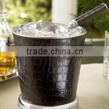 Leather Covered Stainless Steel Ice Bucket/Wine Cooler with Ice Scoop