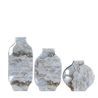 Marble Applique Countryside Style Flat Grey Gold Ceramic Vase For Coffee Shop Decor photo-5