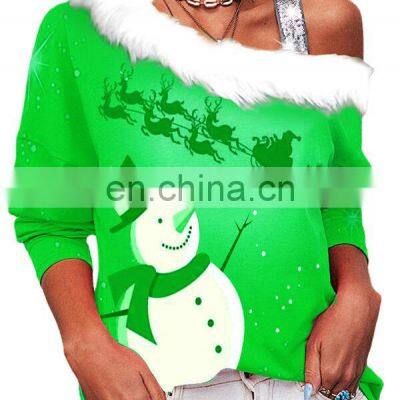 Factory Wholesale Women's One-shoulder Sexy Sweater T-shirt Loose Casual Sports Christmas Top Crop Ladies Jacket photo-5