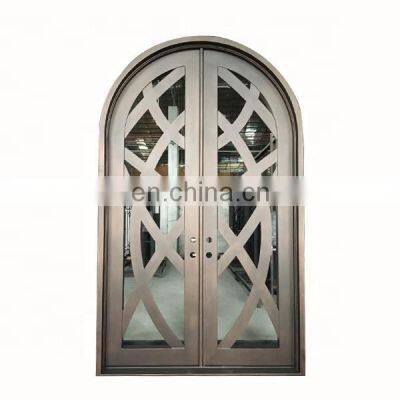 Modern house security front design anti theft metal frame double insulated glass villa entry wrought iron doors