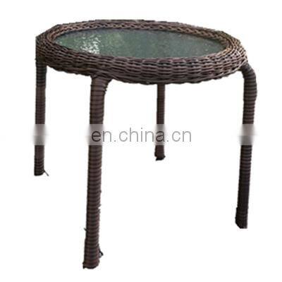 Indoor & Outdoor PE Rattan Round Side Table End Table with Glass Top, Brown Patio Garden Furniture for Sale