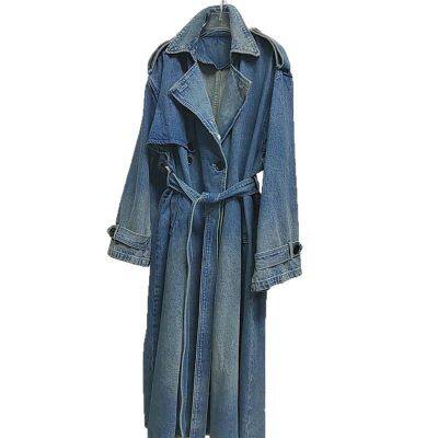 European style blue denim long windbreaker coat with feminine temperament, high-end casual double breasted suit coat