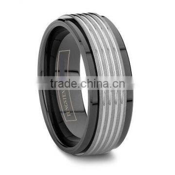 8mm Black Ceramic Wedding Band With Tungsten Grooved, New Ceramic And Tungsten Ring