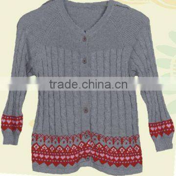 girl's v-neck screw knitting long sleeve jacquard button cardigan sweater