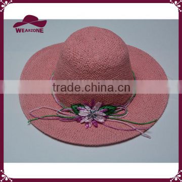 Girl pink straw sun hat paper floppy hat with colorful flower