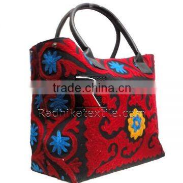 RTHHBC-31 Indian Suzani Embroidery Tote Bags Red Color Suzani Embroidered Shoulder Ladies Bags Jaipur Manufacturer