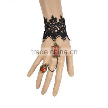 Gothic Lolita Hollow Black Lace Bracelet with Red Crystal Bead Ring for Women Gift