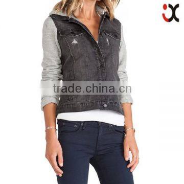 2015 front button double side pockets denim women jacket with hood JXQ1038