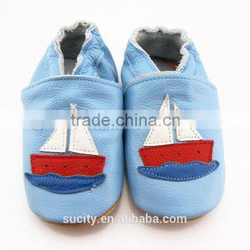 cute soft sole blue baby leather shoes with boat design