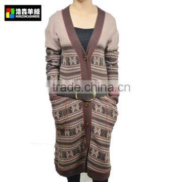 Woman Cashmere Jacquard Long Cardigan, Women Brown Long Hooded Cardigan