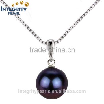 8-8.5mm AAA round 925 silver simple freshwater black pearl pendant, single pearl pendant necklace