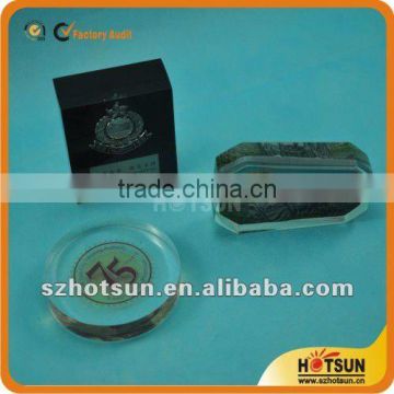 high transparent acrylic paperweight with card inserted and logo printed