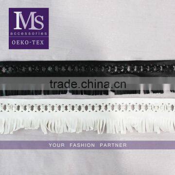 High quality 5cm width laser cutting wholesale leather fringe trim with pearls