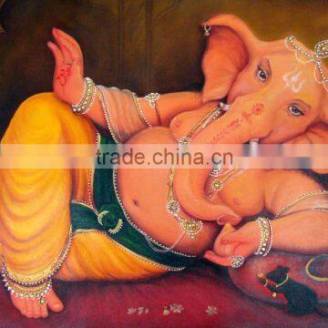 Indian Hindu God Ganesha Ganpati Vinayak Oil Canvas Painting