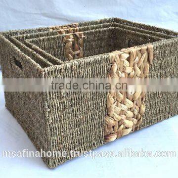 Set of 3 rectangle sea grass storage baskets with handles