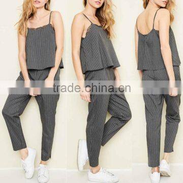 WOMEN JUMPSUIT FASHION NEW DESIGN PINSTRIPE WOVEN JUMPSUIT WITH LAYERED CAMISOLE TOP