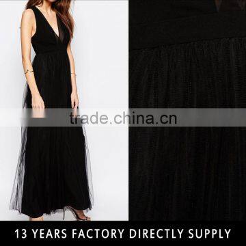 2016 latest design of ladies black deep v long formal evening party wear gown