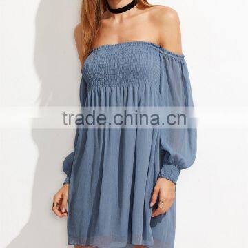 Guangzhou Clothing OEM Off The Shoulder Bishop Sleeve Polyester Fashion Dress