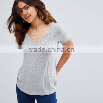 Online Shopping India China Fashion Design Sexy V-neck Short Sleeve Cotton Custom Woman Plain Grey T Shirt