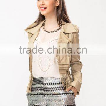 Wholesale New Fashion Fringing Hem Leather Lady Jacket photo-2